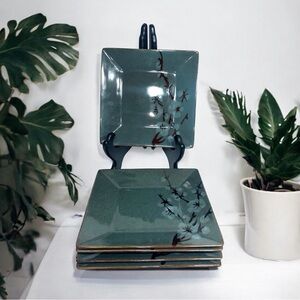 Pier 1 Tranquil Teal Square Salad Plates Cherry Blossom Stoneware Set of 5